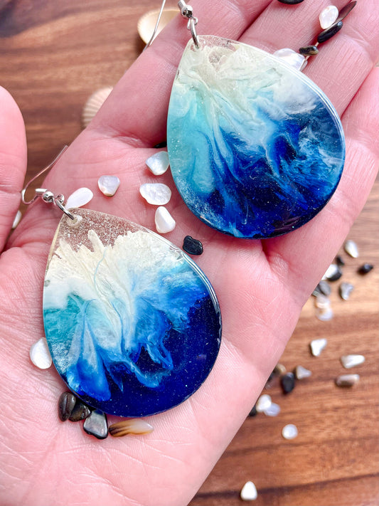 Large Teardrop Ocean-Inspired Handmade Resin Earrings