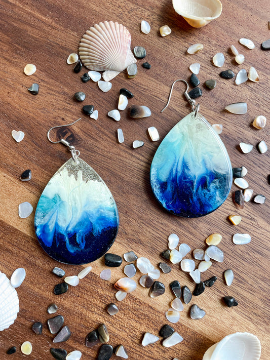 Large Teardrop Ocean-Inspired Handmade Resin Earrings