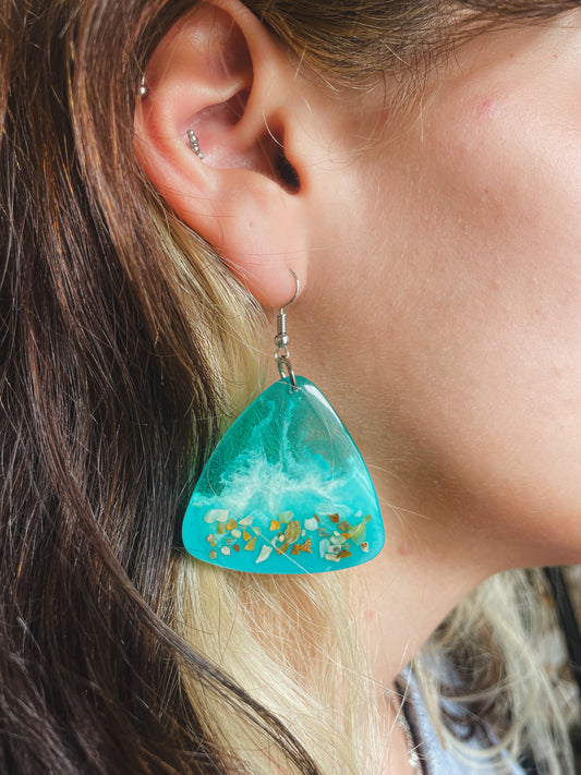 Triangle Ocean-Inspired Resin Earrings with Real Shells