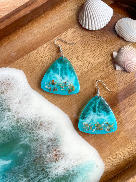 Triangle Ocean-Inspired Resin Earrings with Real Shells