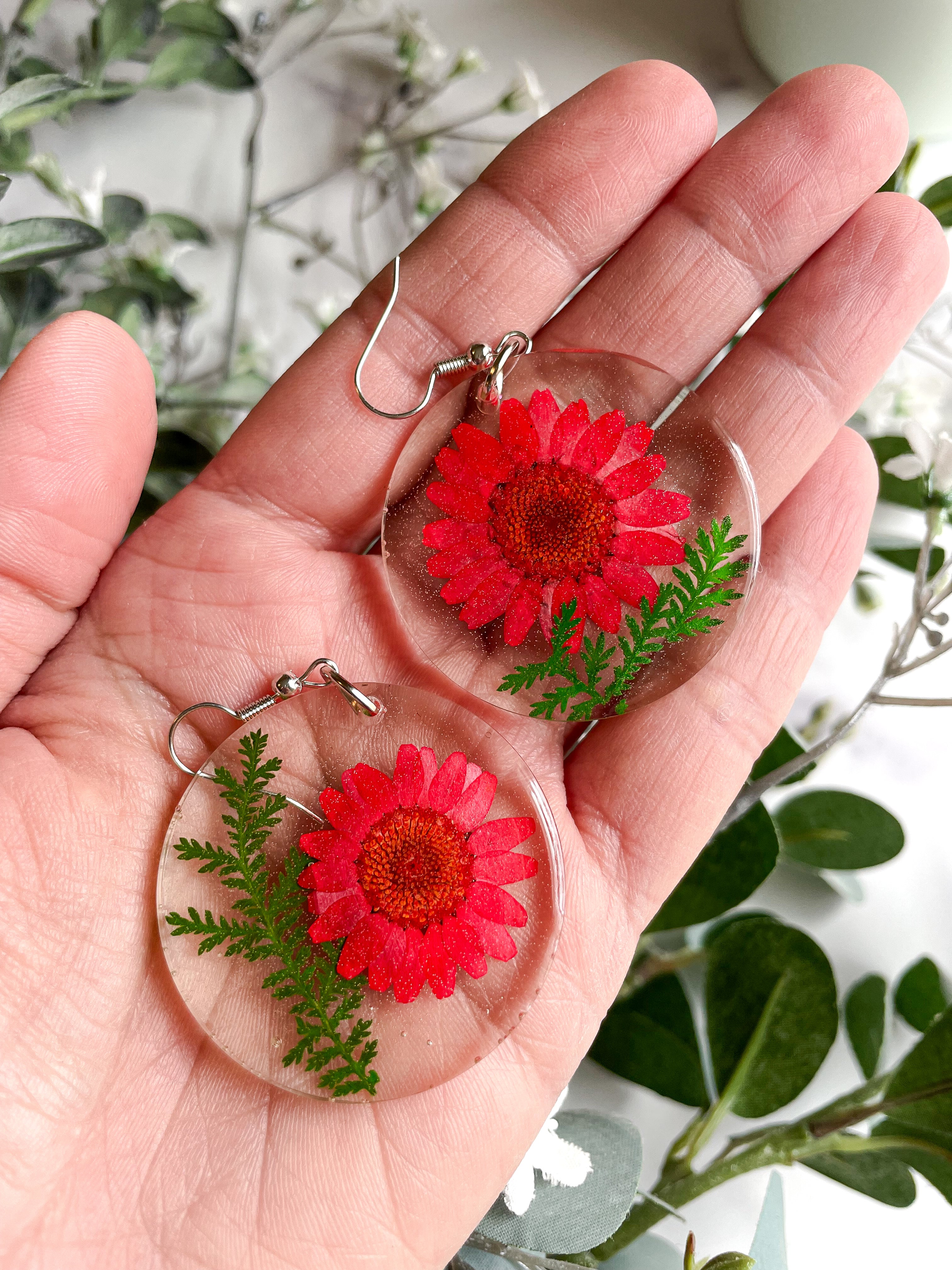 Handmade Red Flower Resin Earrings – Real Pressed Floral Jewelry Handmade Red Flower Resin Earrings – Real Pressed Floral Jewelry