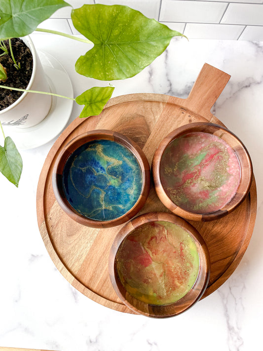 Color Bloom Trinket Dish Trio – Set of 3 Acacia Wood Beauties- Bundle
