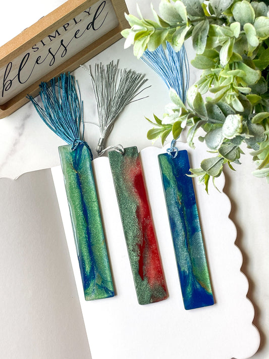 Peacock Green, Blue & Red Pearlescent-1x Resin Bookmark – With Tassel