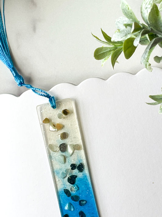 Coastal Resin Bookmark – Ocean Blues & Shimmering Stones- 1x Bookmark with Tassel