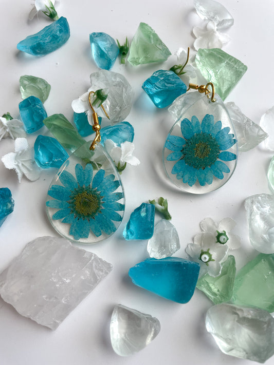 Baby Blue Teardrop - Boho Chic Flower Resin Earrings