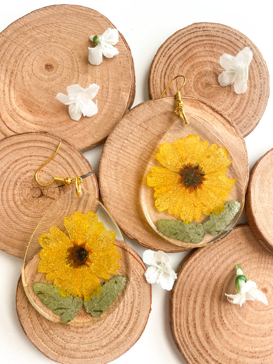 Large Yellow Flower Boho Chic Resin Earrings