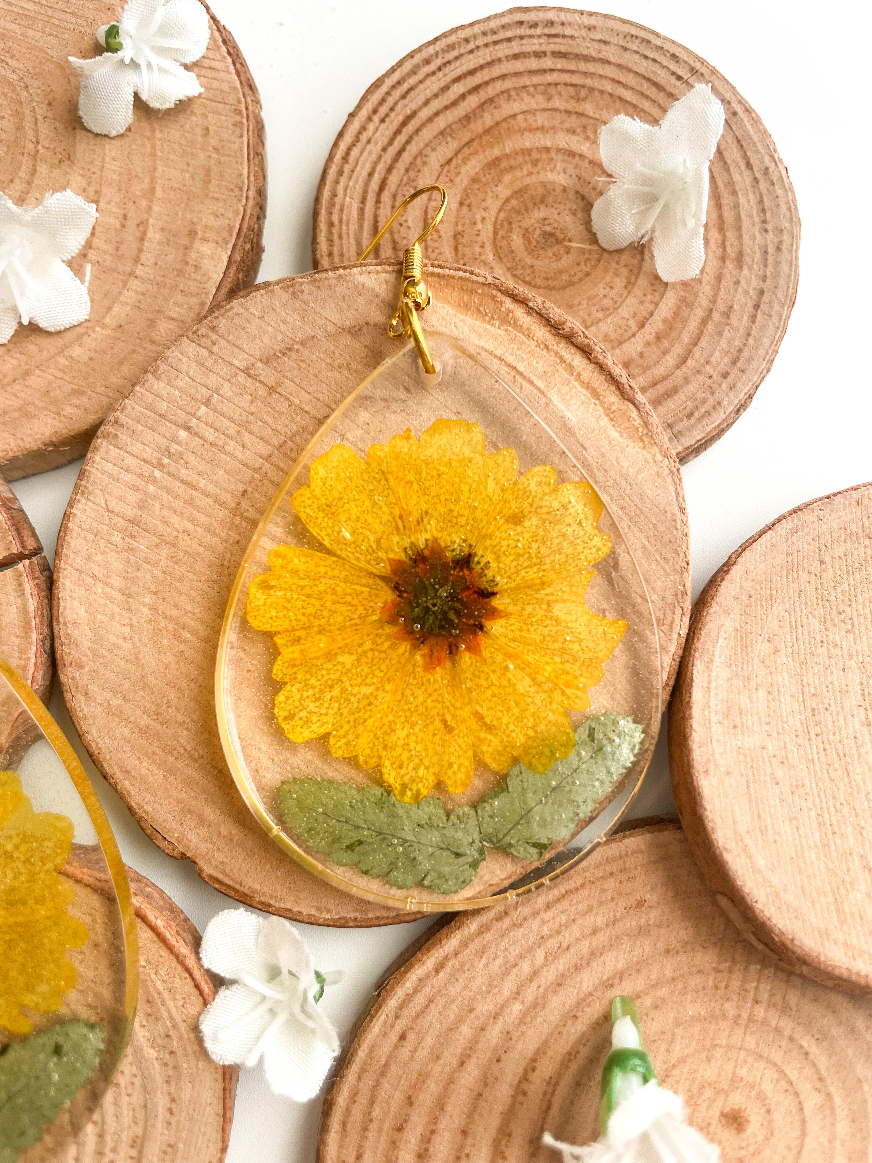 Large Yellow Flower Boho Chic Resin Earrings Large Yellow Flower Boho Chic Resin Earrings