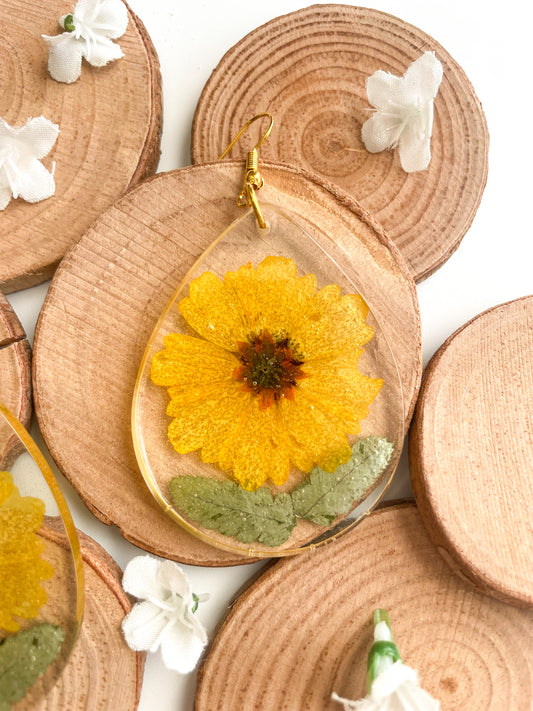 Large Yellow Flower Boho Chic Resin Earrings