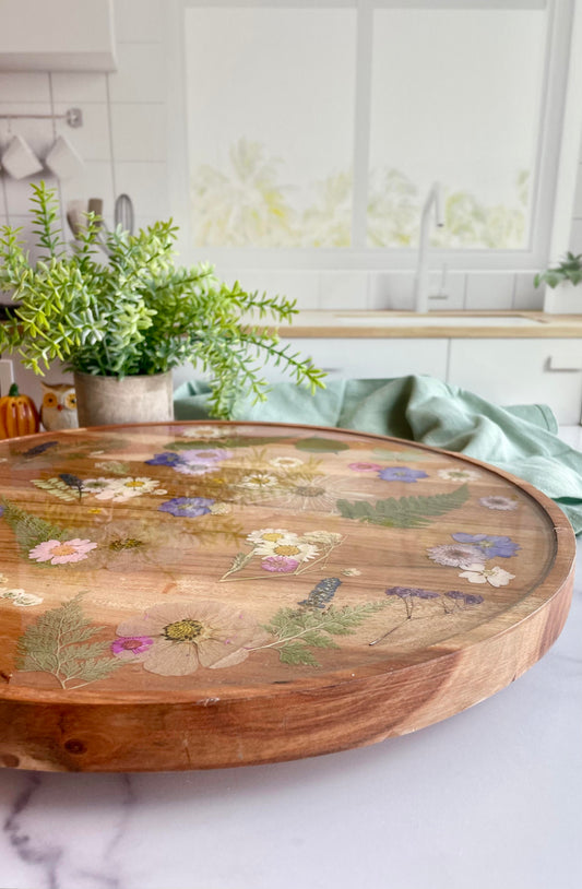 Acacia Wood Lazy Susan with Real Embedded Flowers