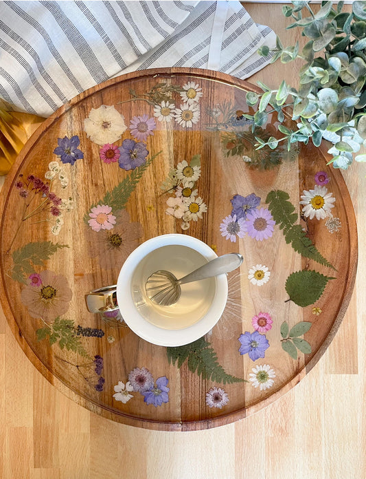 Acacia Wood Lazy Susan with Real Embedded Flowers
