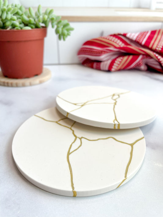White Kintsugi Stone Coasters – Set of 2