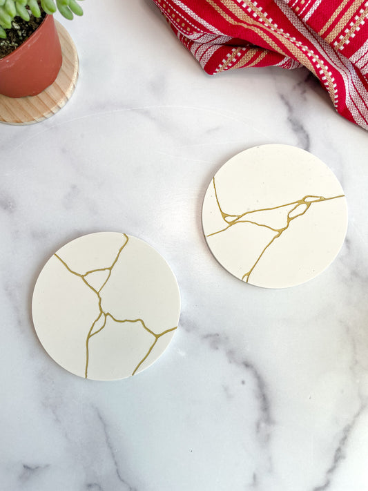 White Kintsugi Stone Coasters – Set of 2