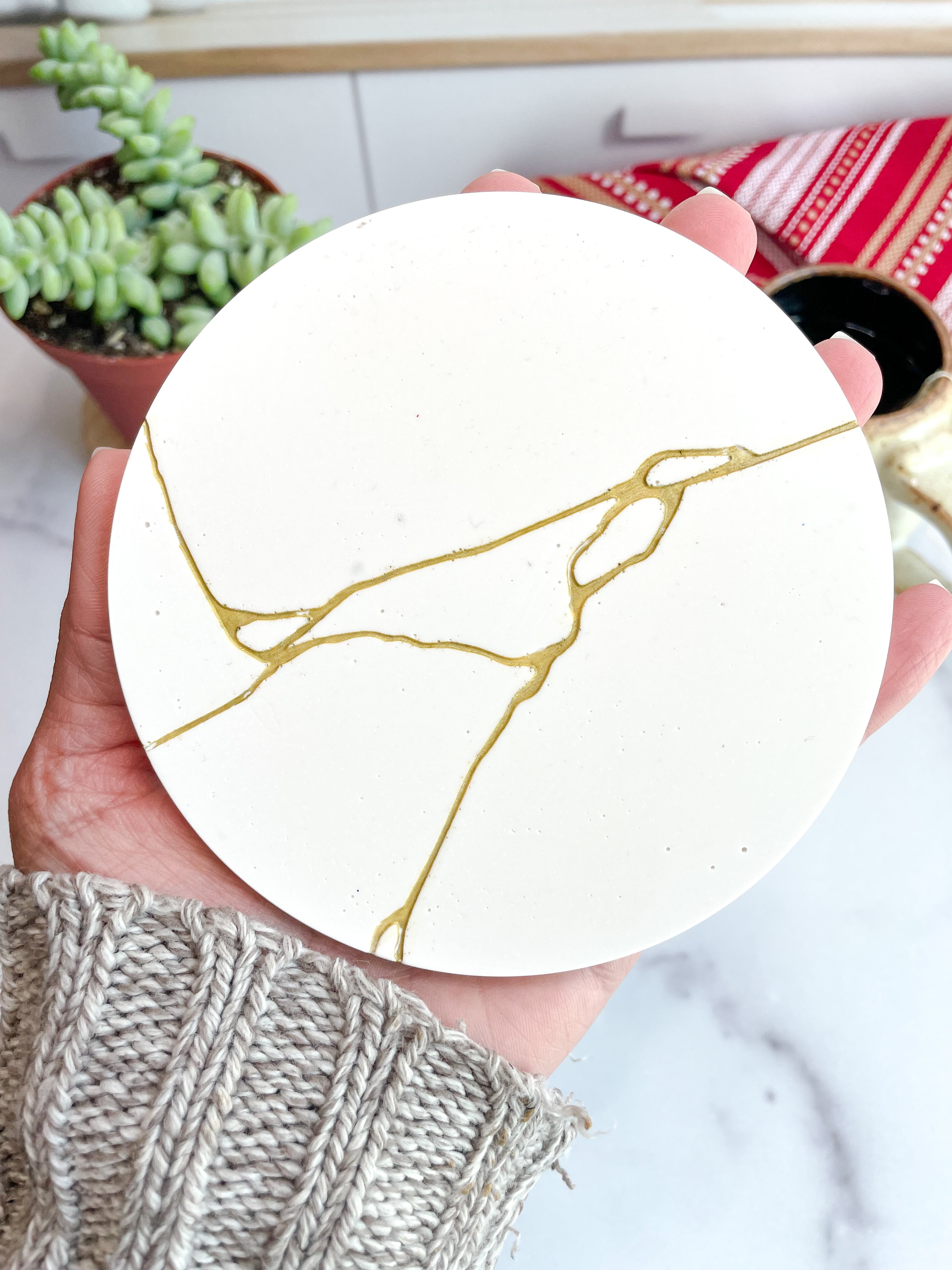 White Kintsugi Stone Coasters – Set of 2