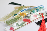 Pressed Flower Resin Bookmark with Tassel – Handmade Clear Bookmark in Blue, Red, Yellow, or Black & White | Nature-Inspired Gift for Readers