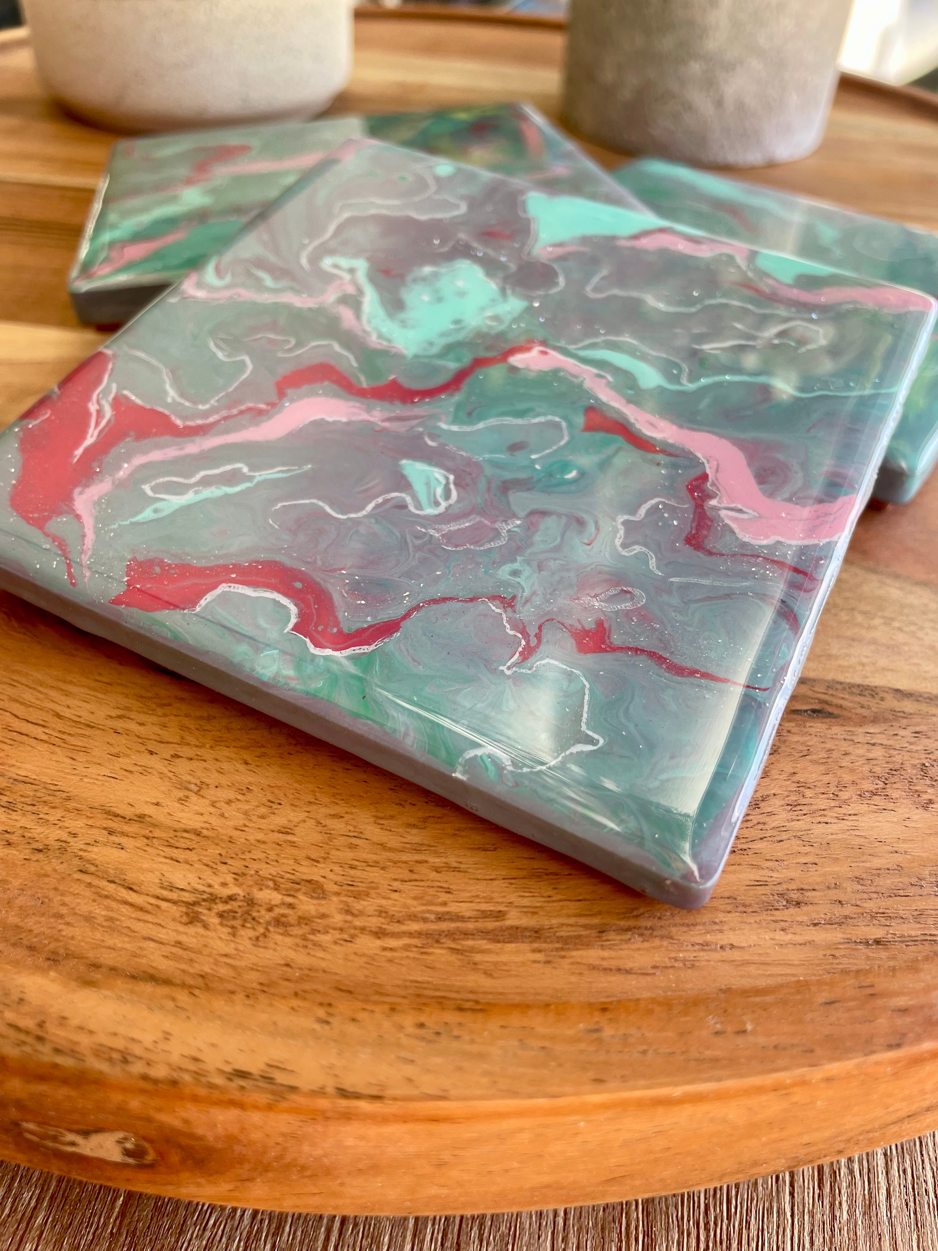 Teal and Pink Cotton Candy Coasters Unique Handmade Resin Art Kitchen Decor