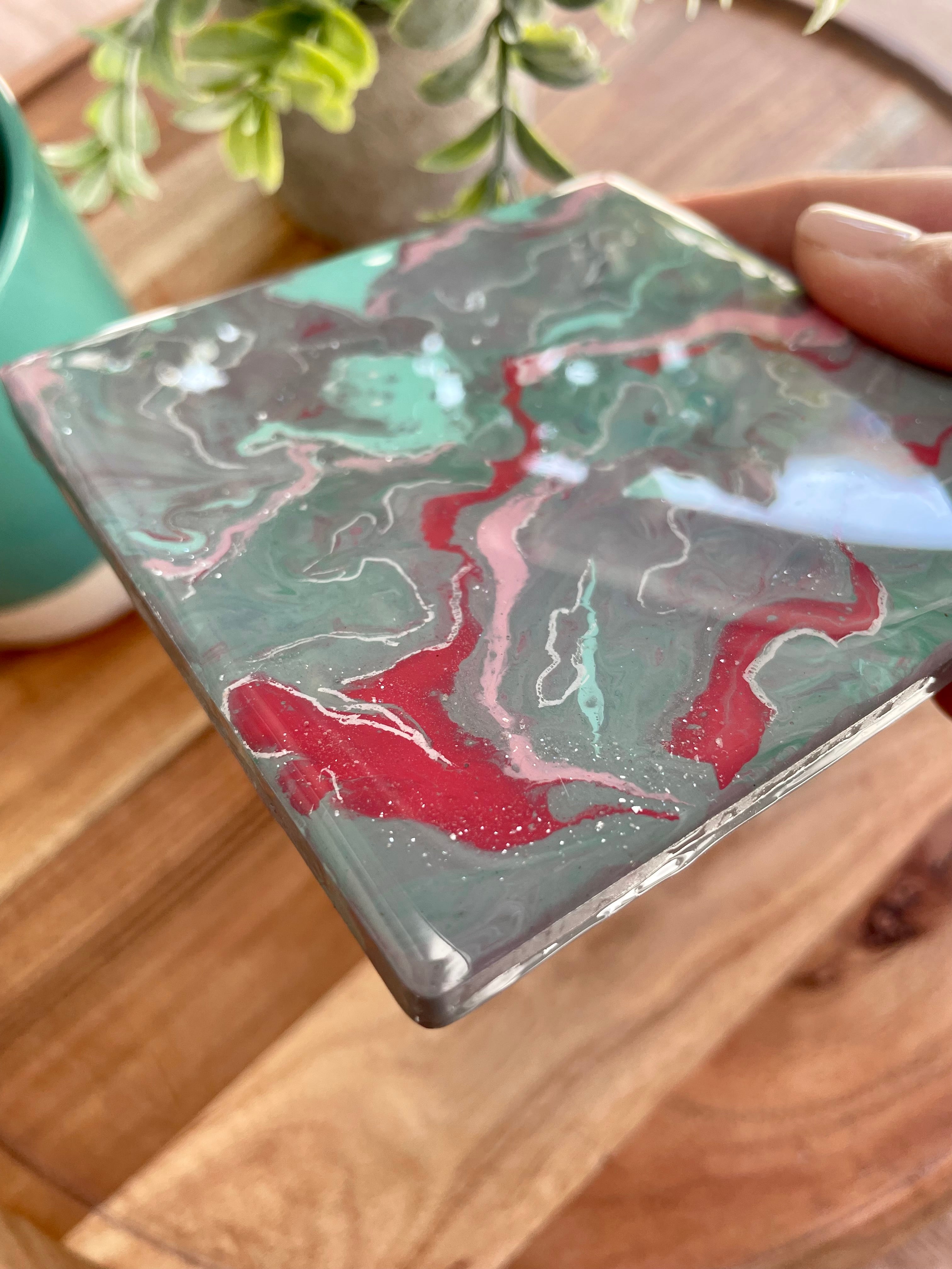 Teal and Pink Cotton Candy Coasters Unique Handmade Resin Art Kitchen Decor