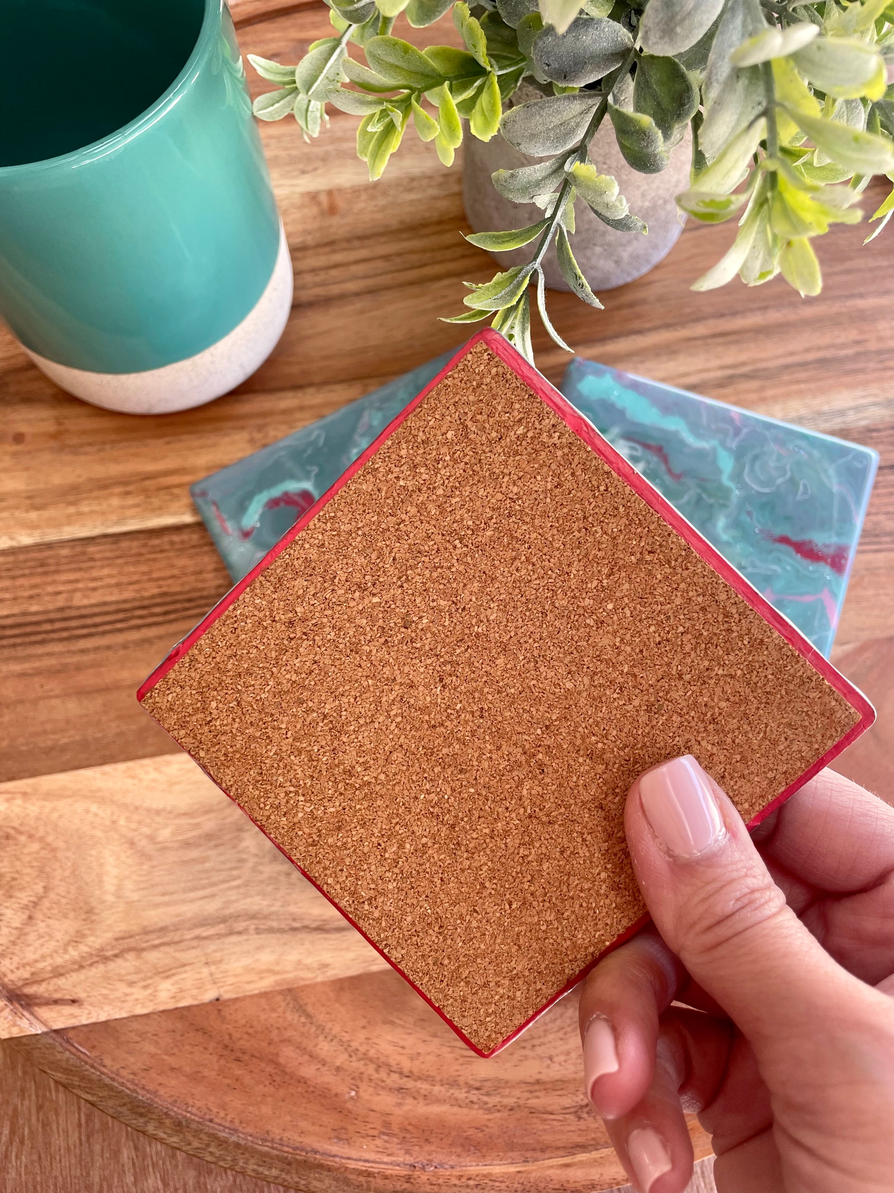 Teal and Pink Cotton Candy Coasters Unique Handmade Resin Art Kitchen Decor