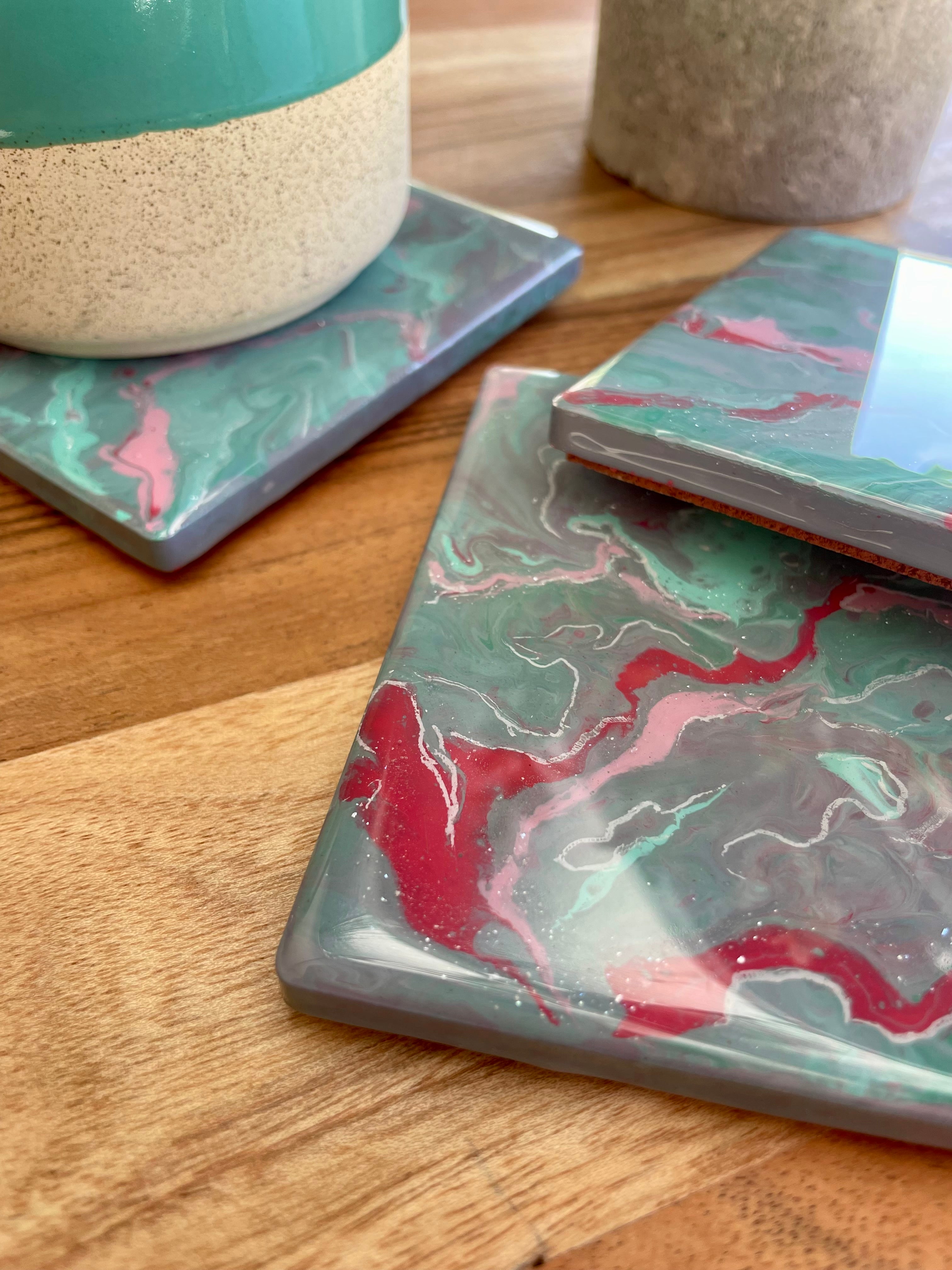 Teal and Pink Cotton Candy Coasters Unique Handmade Resin Art Kitchen Decor