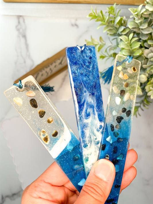 Coastal Resin Bookmark Bundle – Ocean Blues & Shimmering Stones - Set of 3 with Tassel