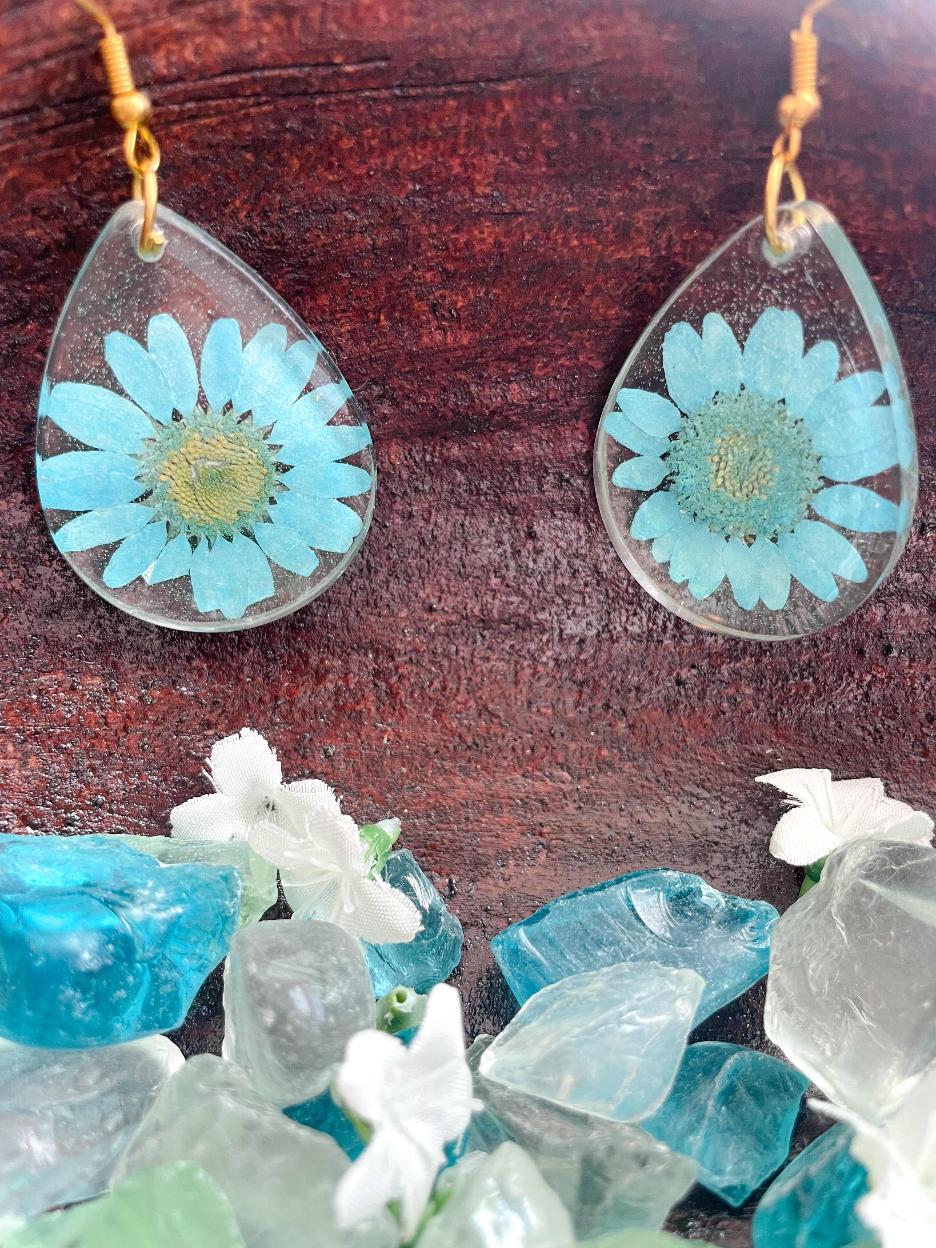 Baby Blue Teardrop - Boho Chic Flower Resin Earrings