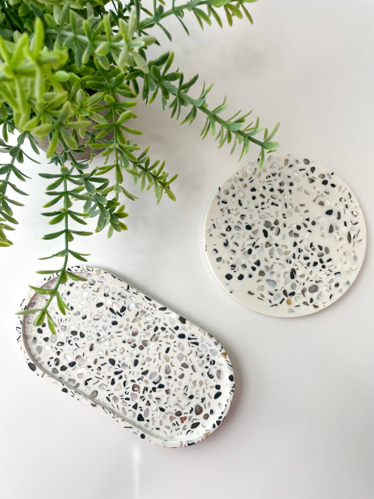 White Abalone Terrazzo Trinket Tray, Oval Stone-Inspired Decorative Tray
