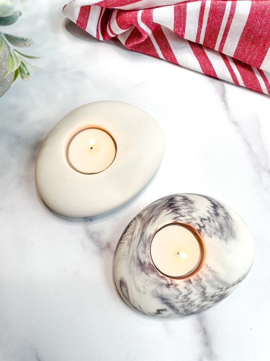 White & Gray Marbled Tealight Holder Set, Oval Stone-Inspired Candle Holders
