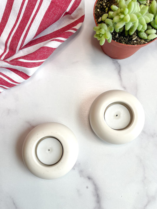 Short Round Natural White Stone-Tealight Candle Holder (Set of 2)