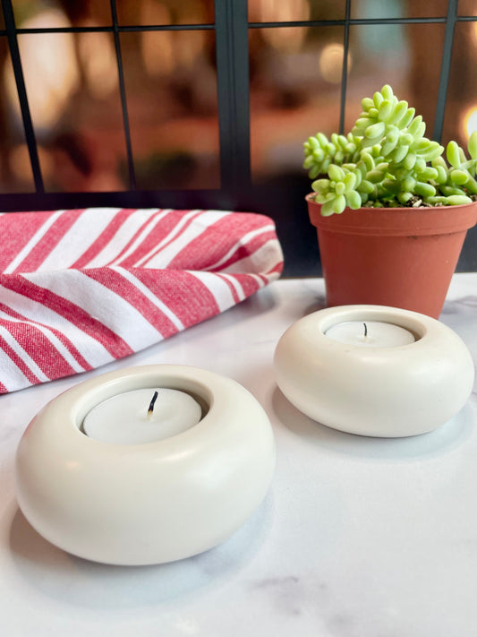 Short Round Natural White Stone-Tealight Candle Holder (Set of 2)