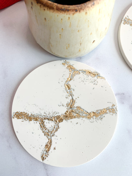 White Kintsugi Stone Coasters – Set of 2