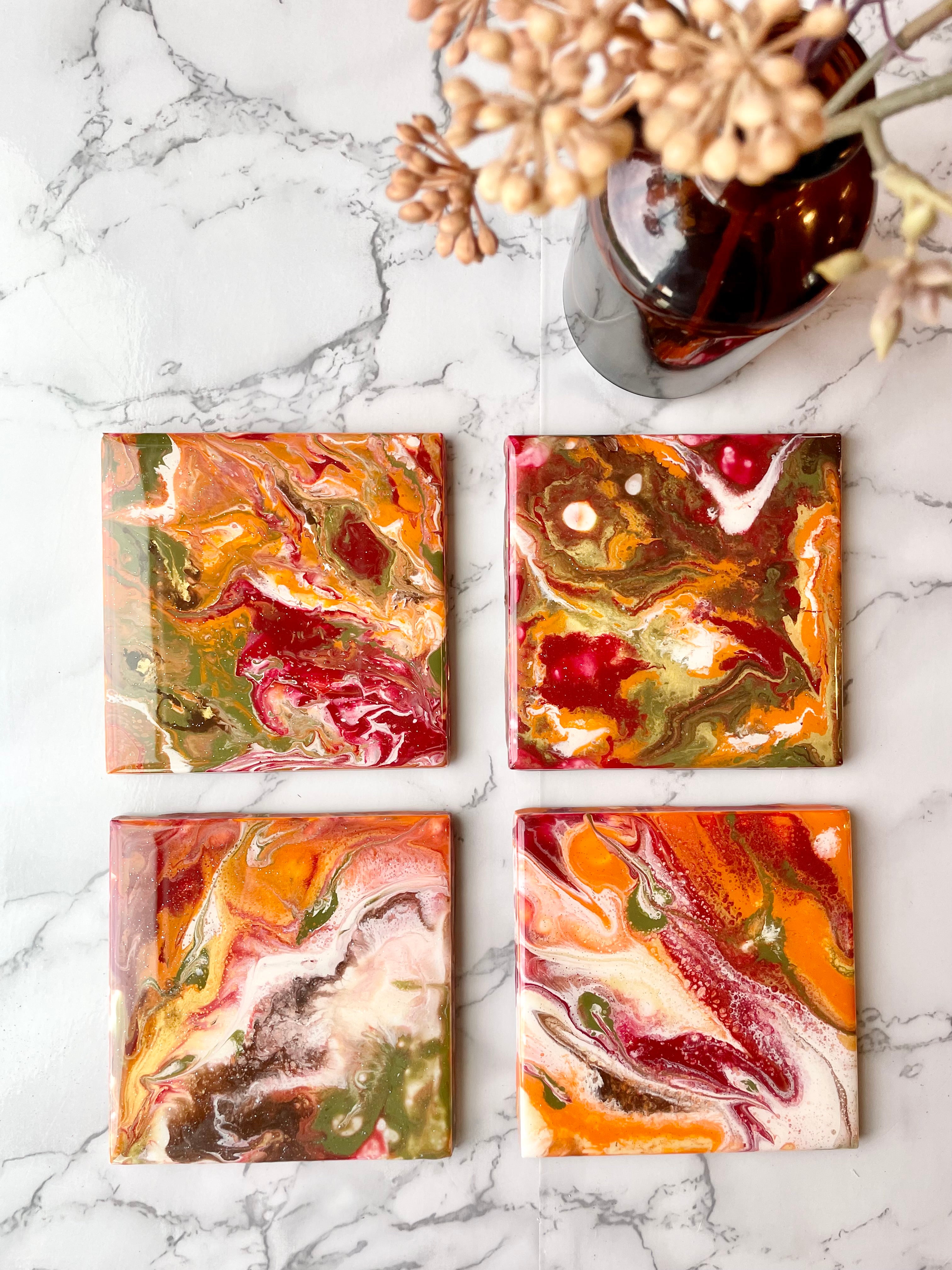 Tangy Orange Autumn Coasters Unique Handmade Resin Luxury Art Kitchen Decor