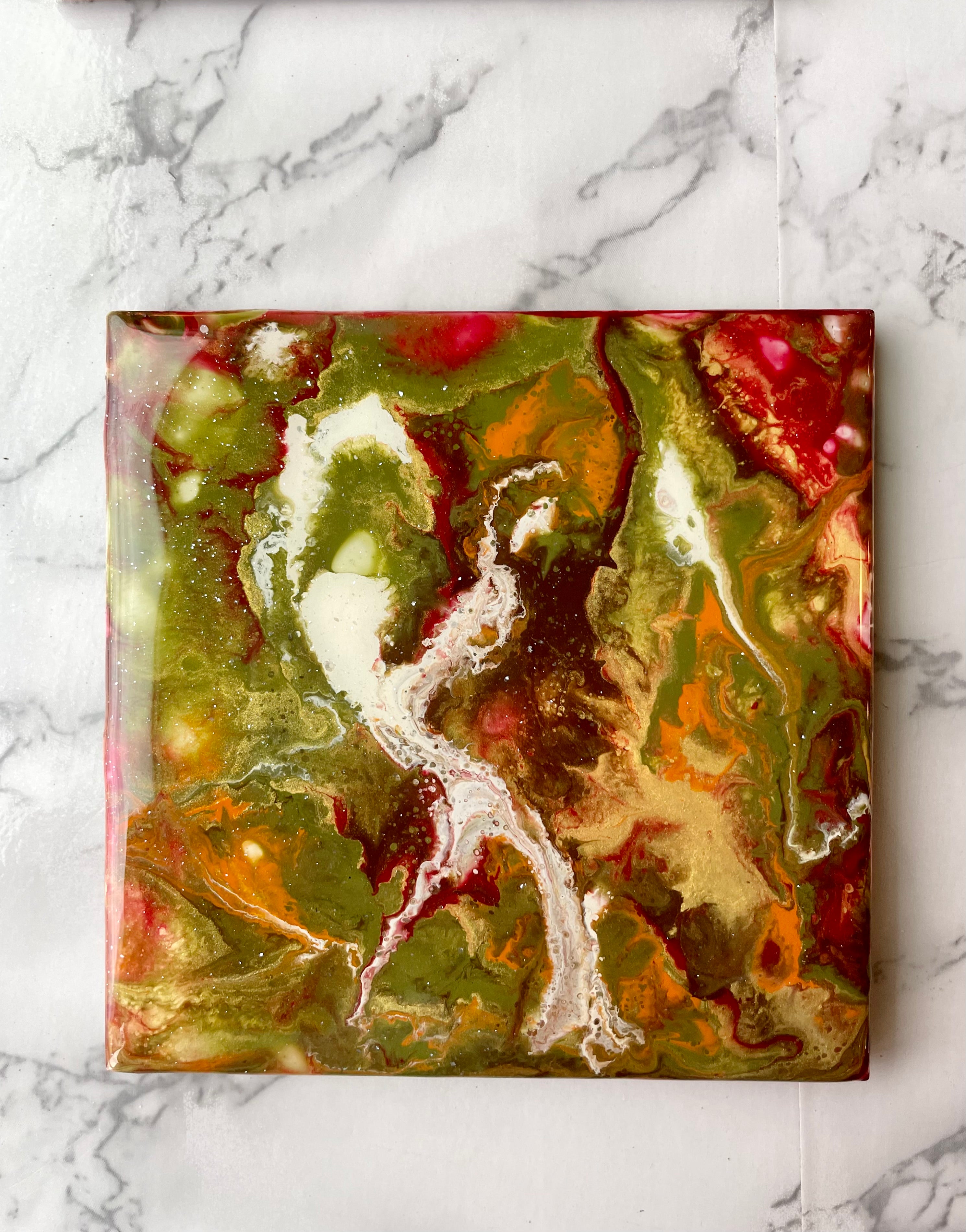 Resin Red and Green Holiday Coasters Unique Handmade Art Kitchen Decor