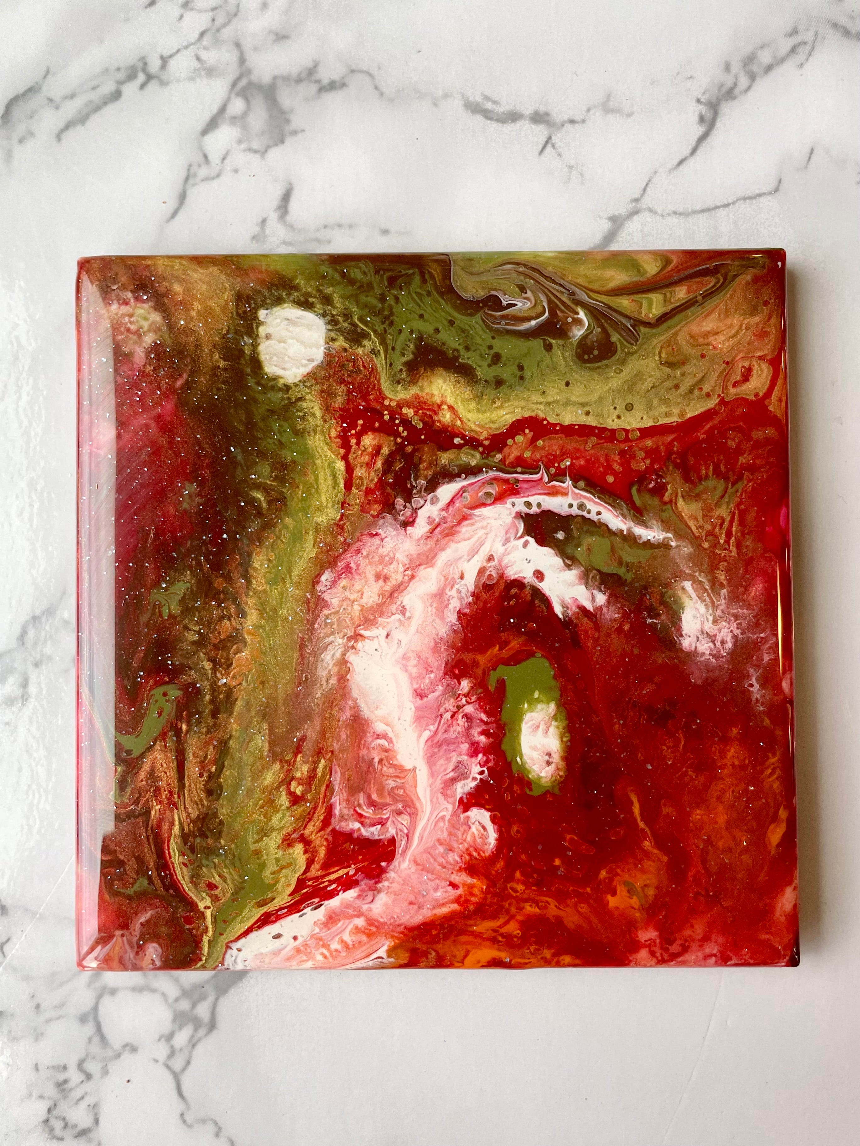 Resin Red and Green Holiday Coasters Unique Handmade Art Kitchen Decor