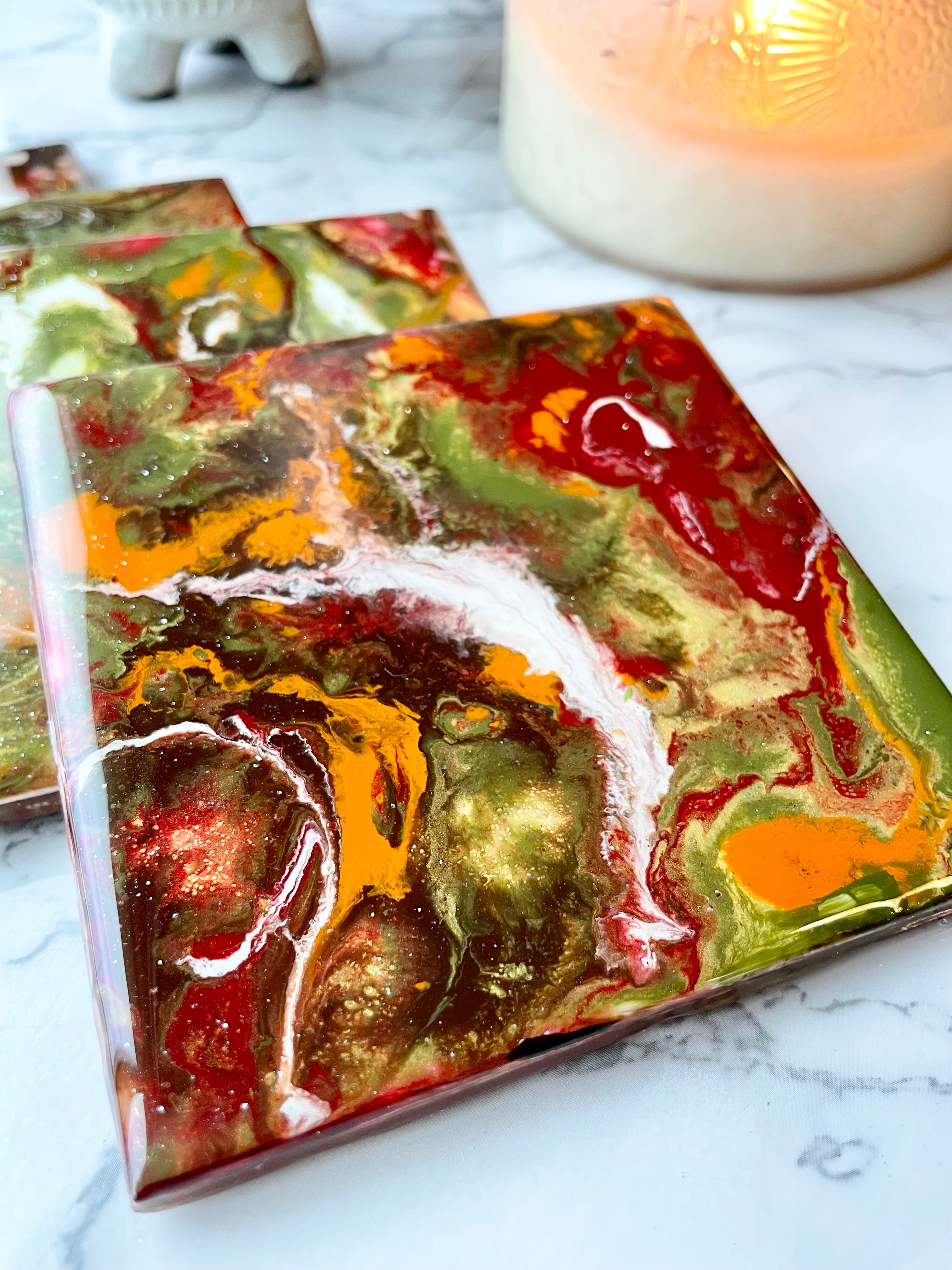 Resin Red and Green Holiday Coasters Unique Handmade Art Kitchen Decor