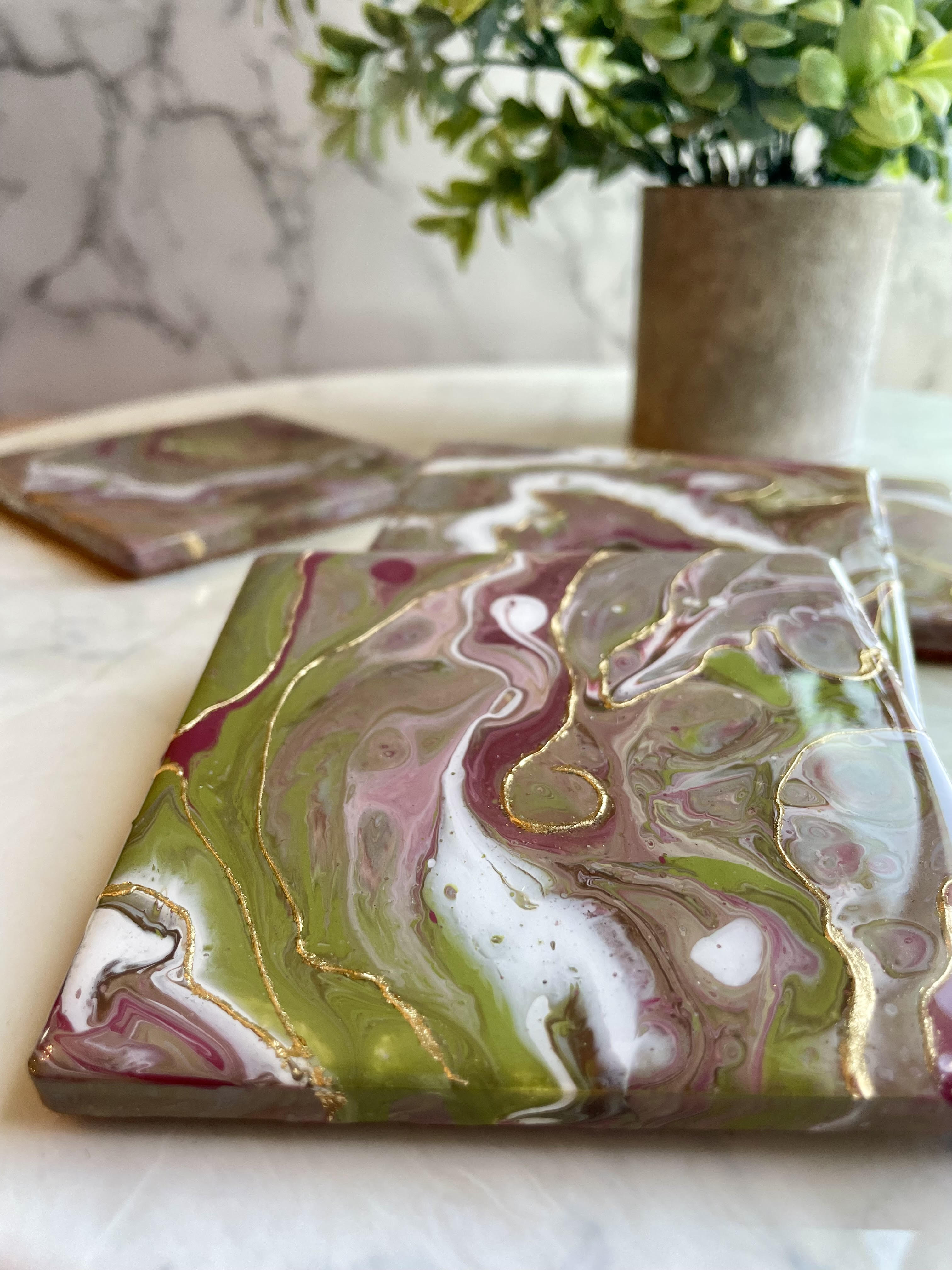 Mauve and Lime Coasters Unique Handmade Resin Art Kitchen Decor- 4x