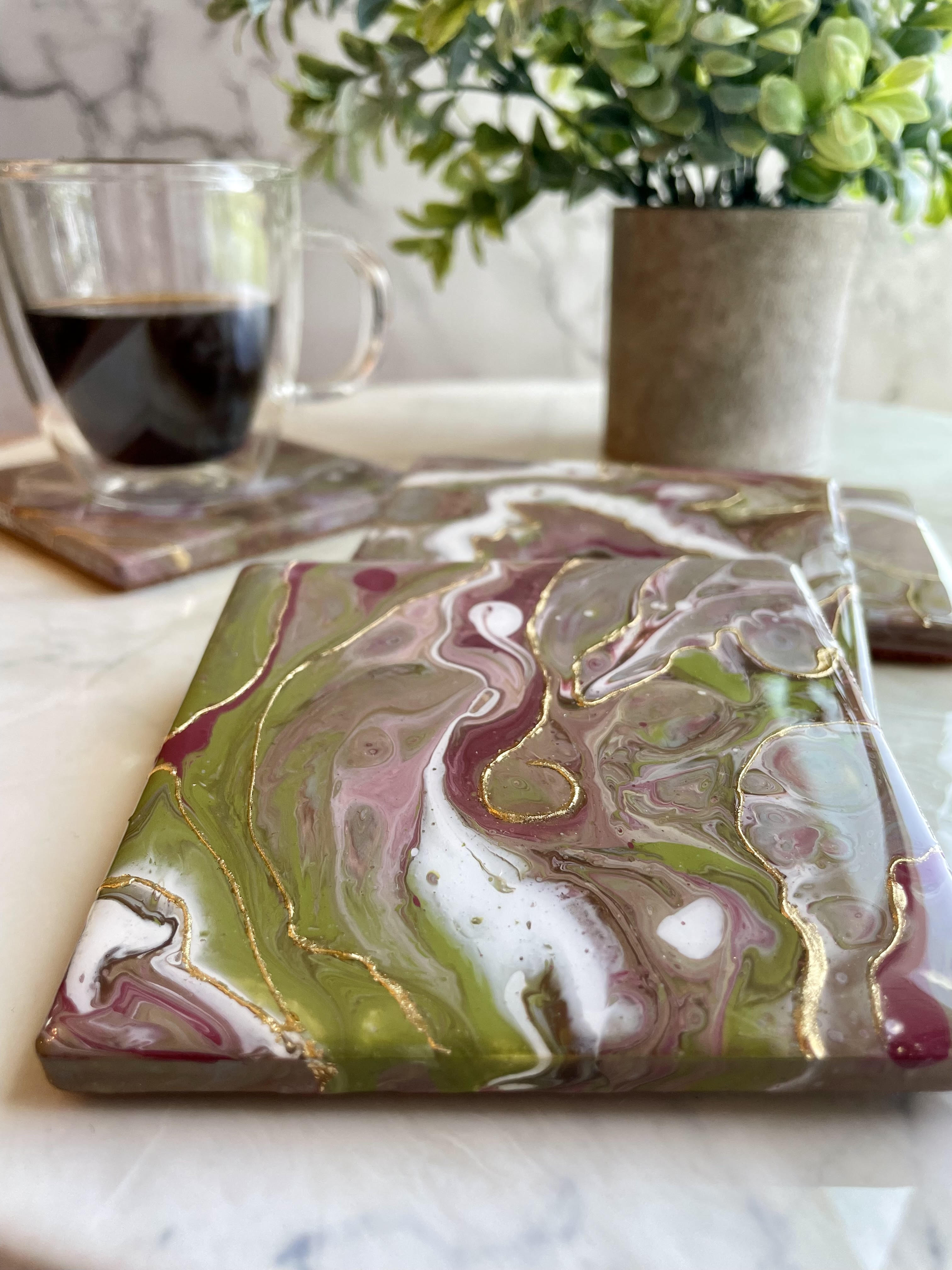 Mauve and Lime Coasters Unique Handmade Resin Art Kitchen Decor- 4x