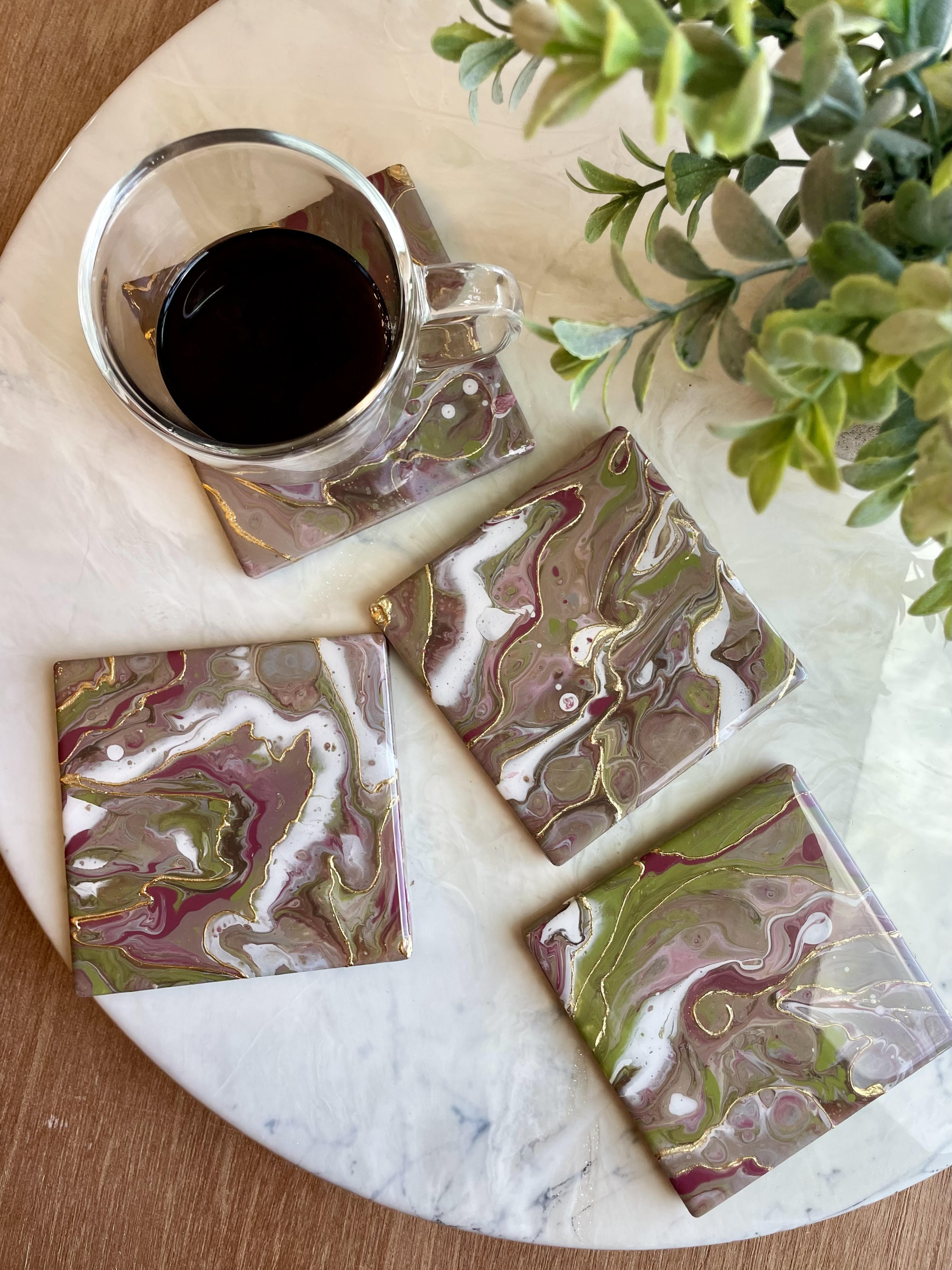 Mauve and Lime Coasters Unique Handmade Resin Art Kitchen Decor- 4x