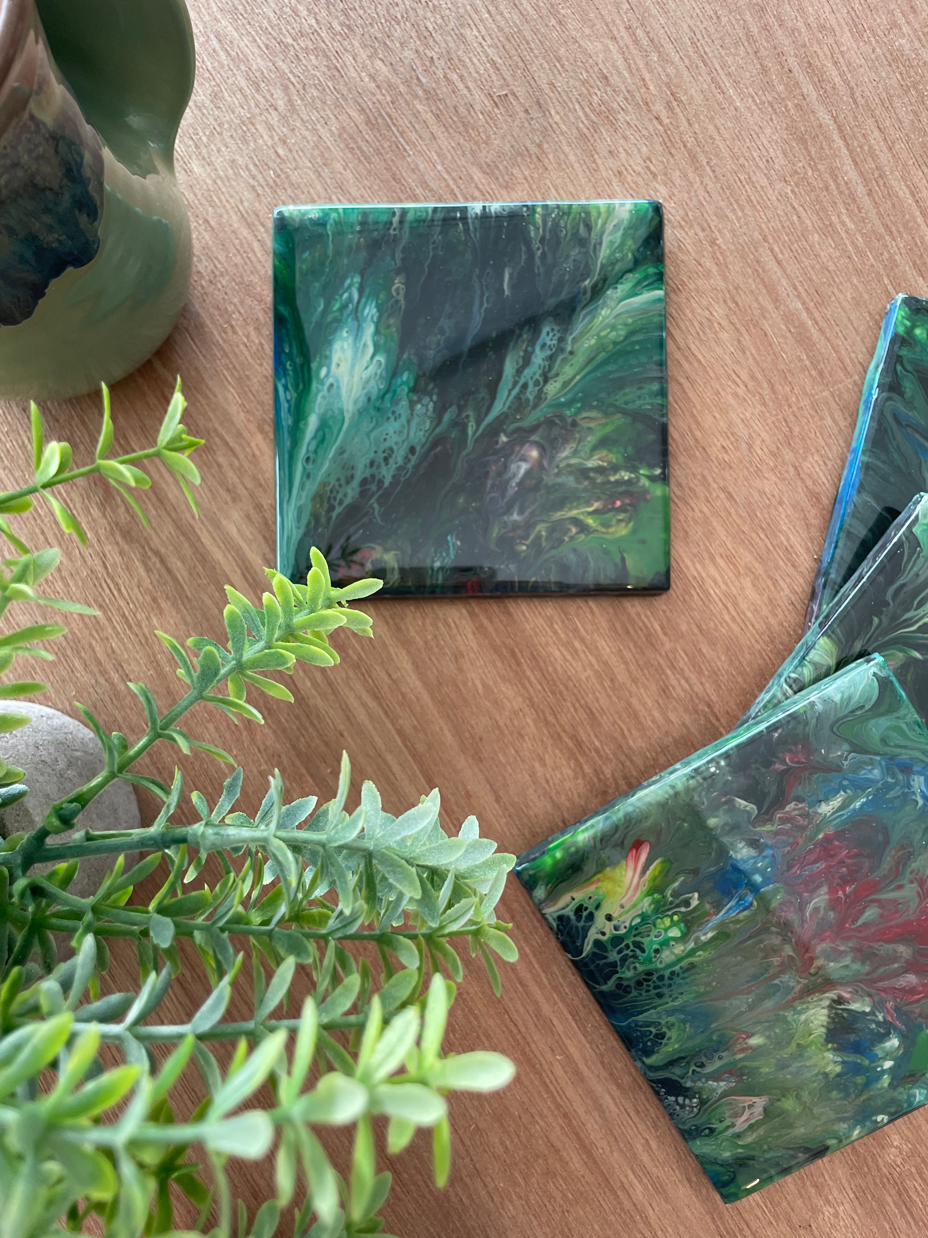 Resin Green Floral Coasters Unique Handmade Luxury Art Kitchen Decor