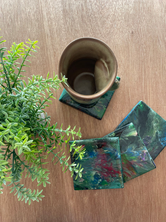 Resin Green Floral Coasters Unique Handmade Luxury Art Kitchen Decor