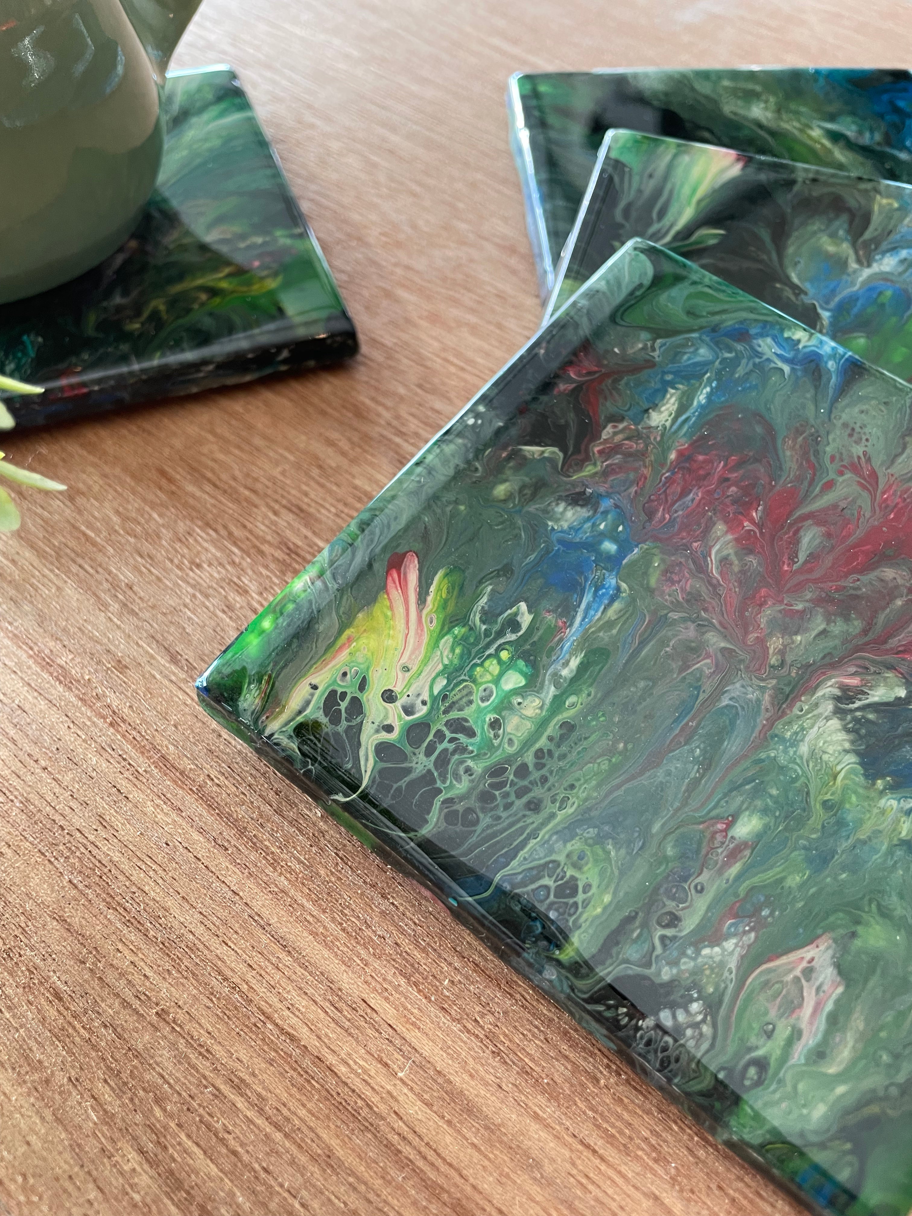 Resin Green Floral Coasters Unique Handmade Luxury Art Kitchen Decor