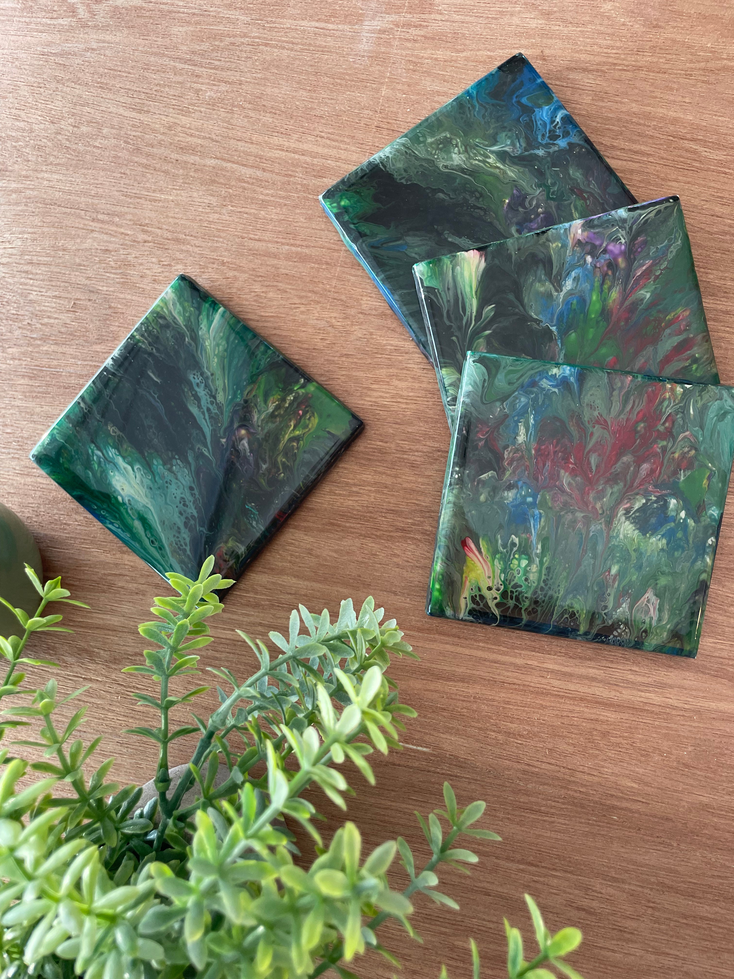 Resin Green Floral Coasters Unique Handmade Luxury Art Kitchen Decor