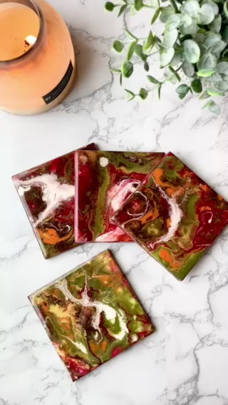 Resin Red and Green Holiday Coasters Unique Handmade Art Kitchen Decor