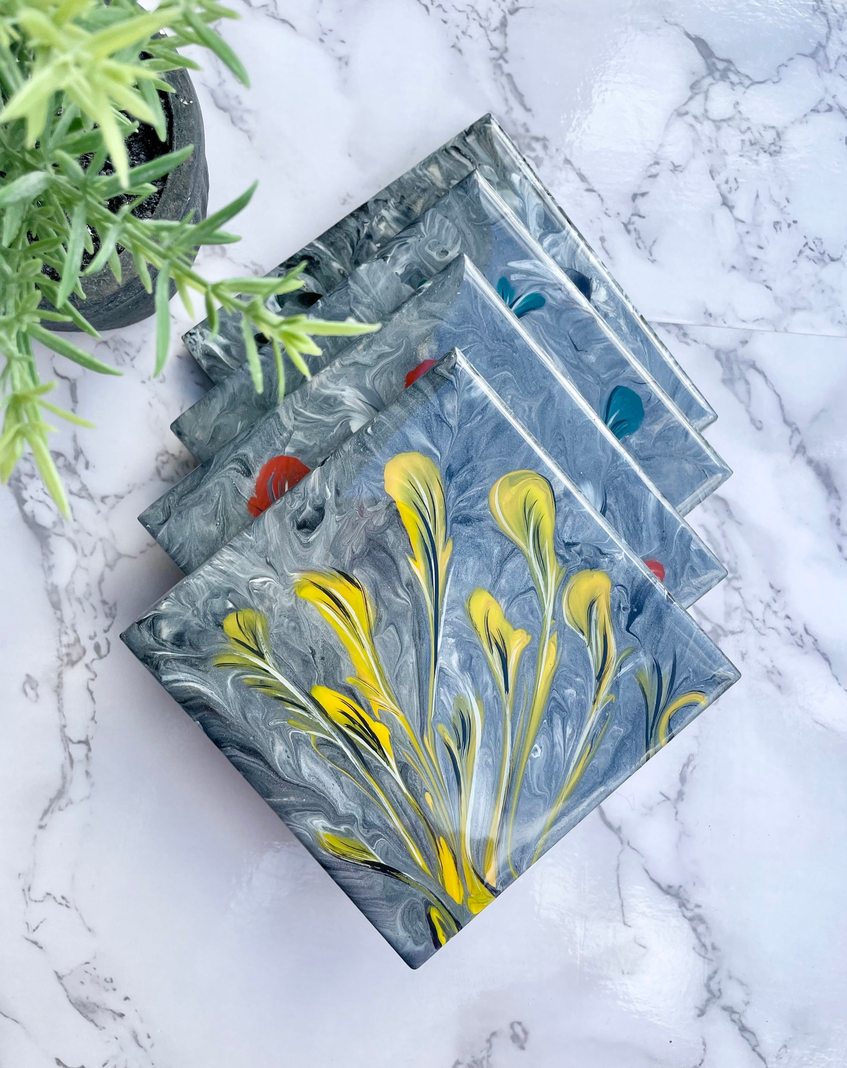 Resin Floral Gray Coasters Unique Handmade Luxury Art Kitchen Decor