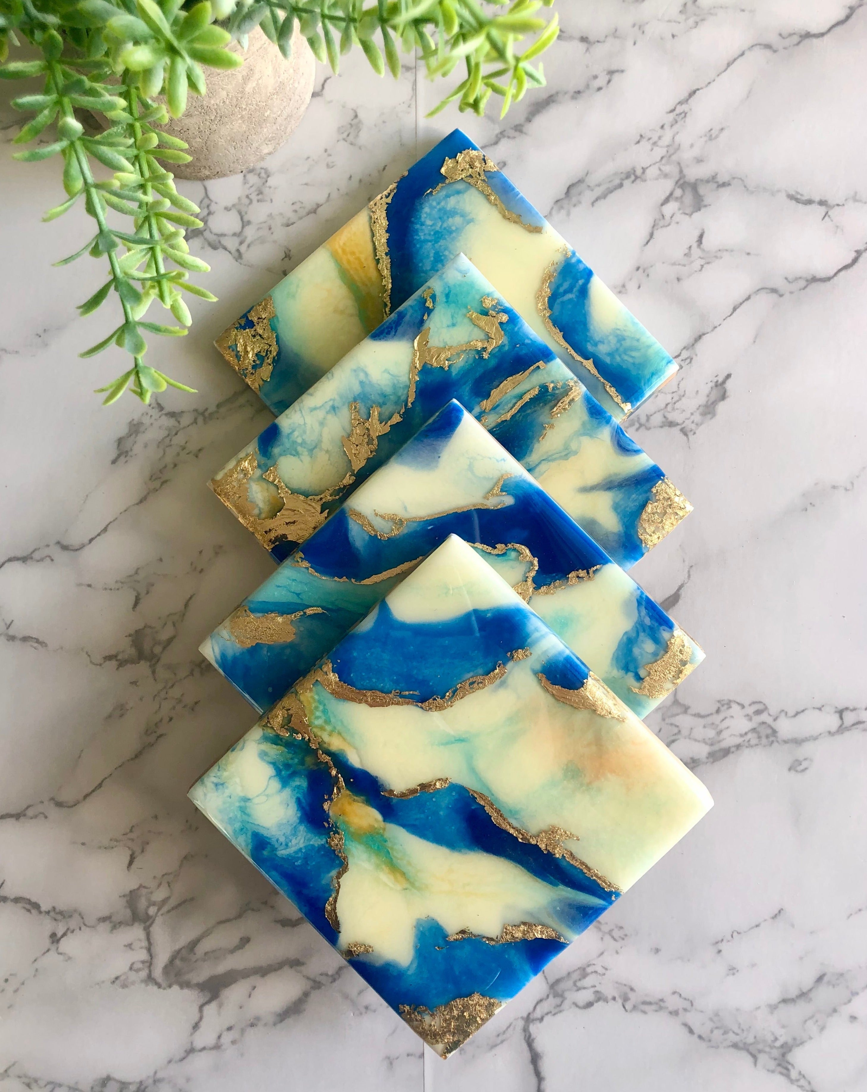 Resin Blue and Gold Coasters Unique Handmade Luxury Art Kitchen Decor