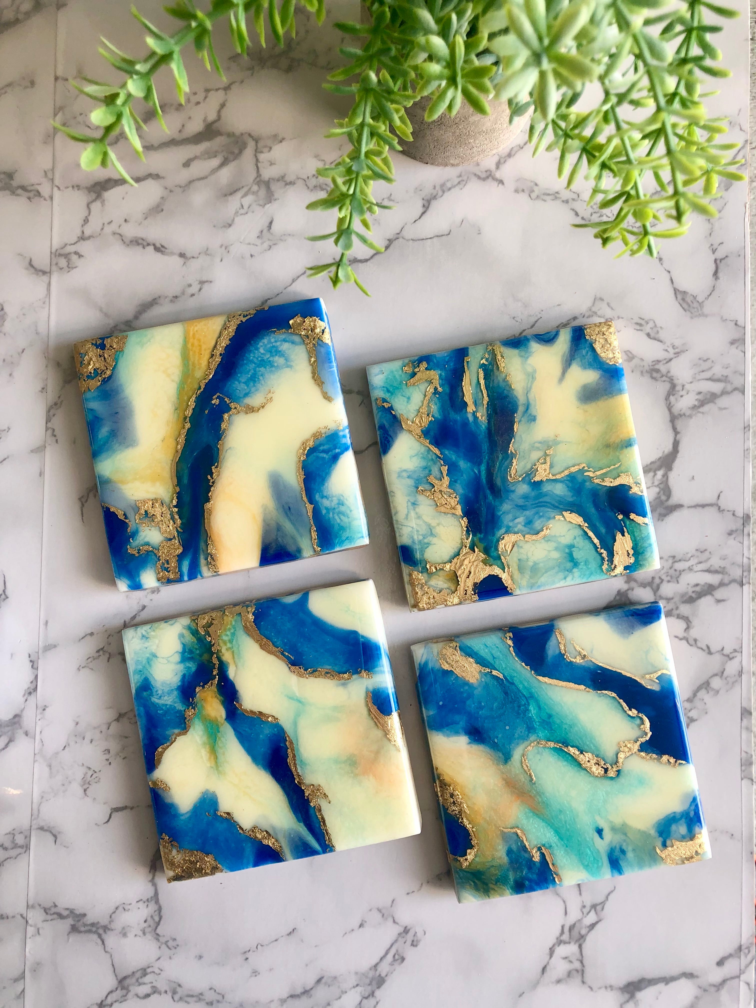 Resin Blue and Gold Coasters Unique Handmade Luxury Art Kitchen Decor