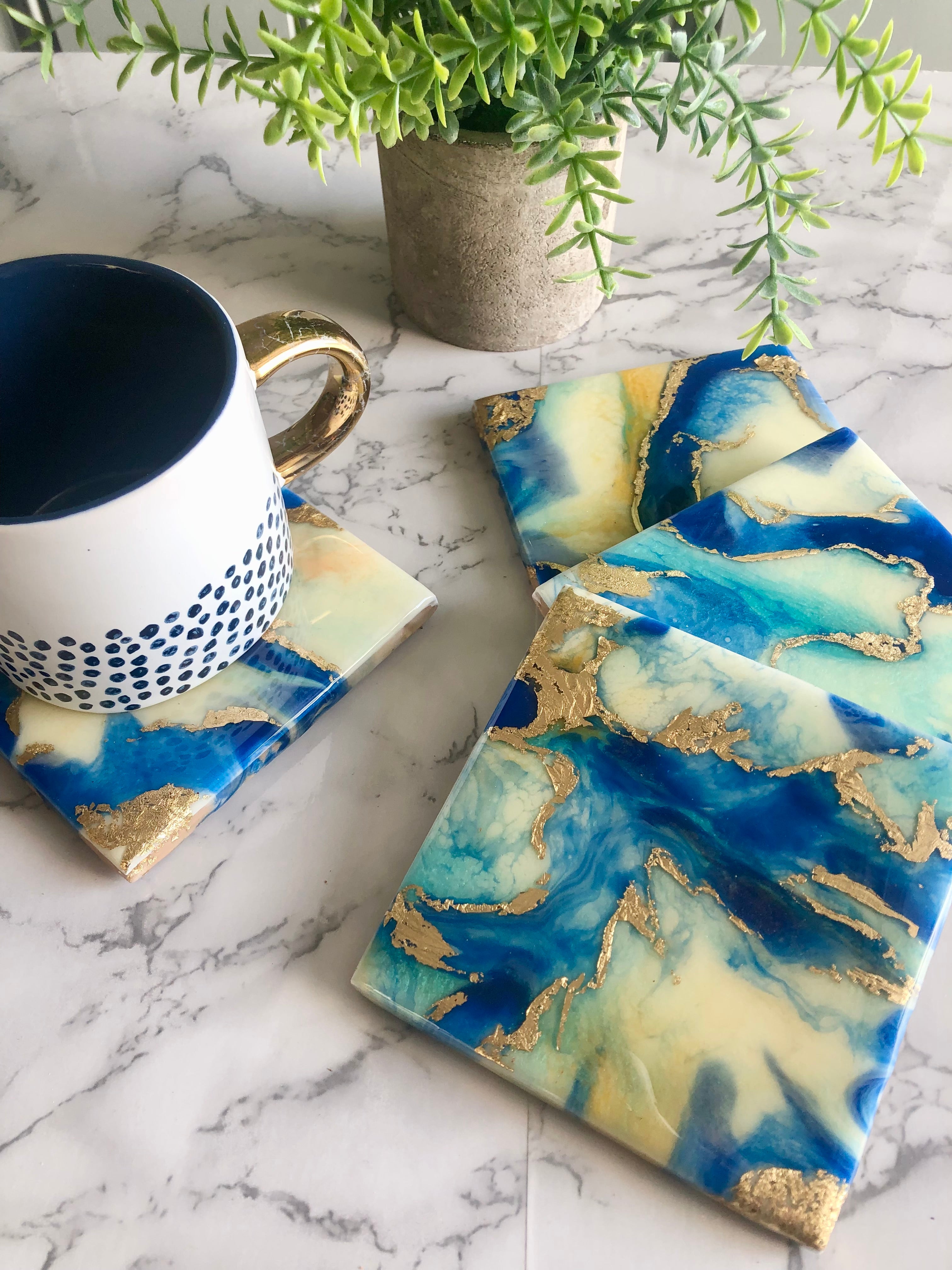 Resin Blue and Gold Coasters Unique Handmade Luxury Art Kitchen Decor