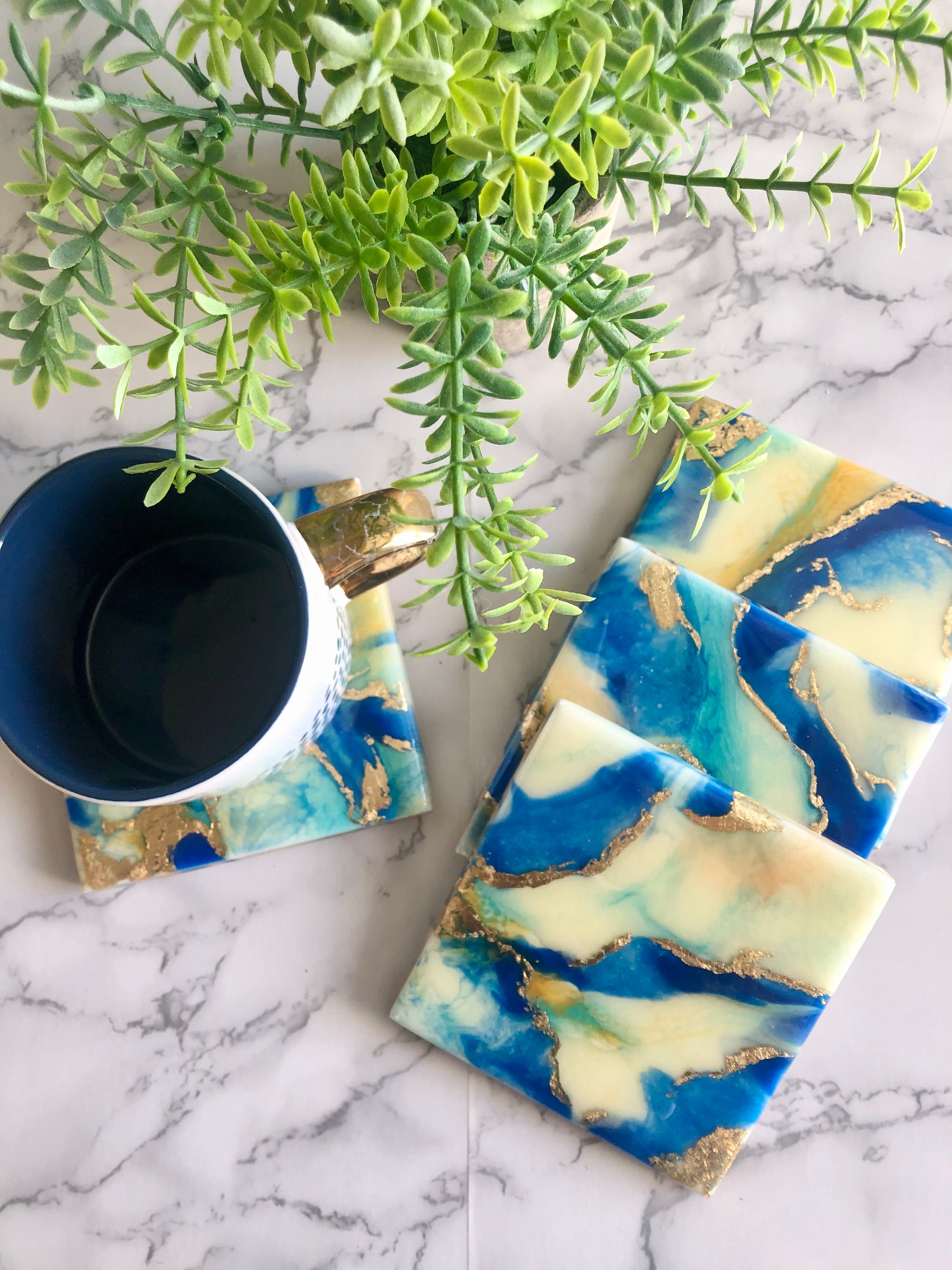 Resin Blue and Gold Coasters Unique Handmade Luxury Art Kitchen Decor