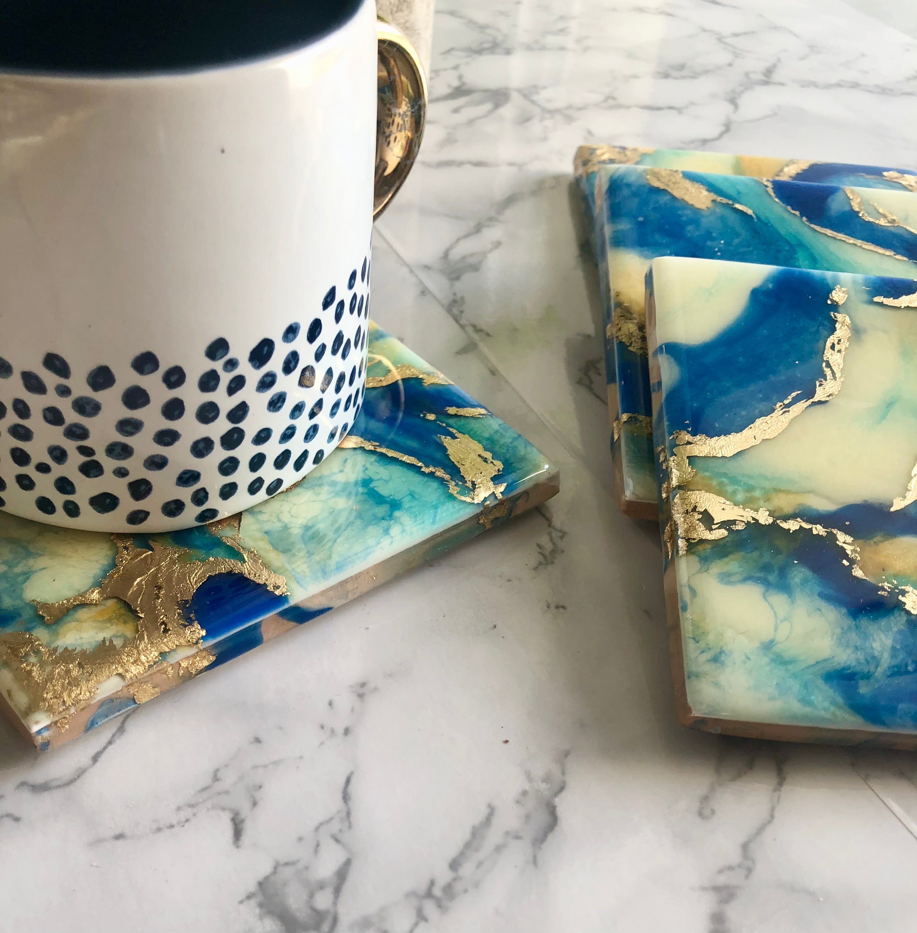 Resin Blue and Gold Coasters Unique Handmade Luxury Art Kitchen Decor