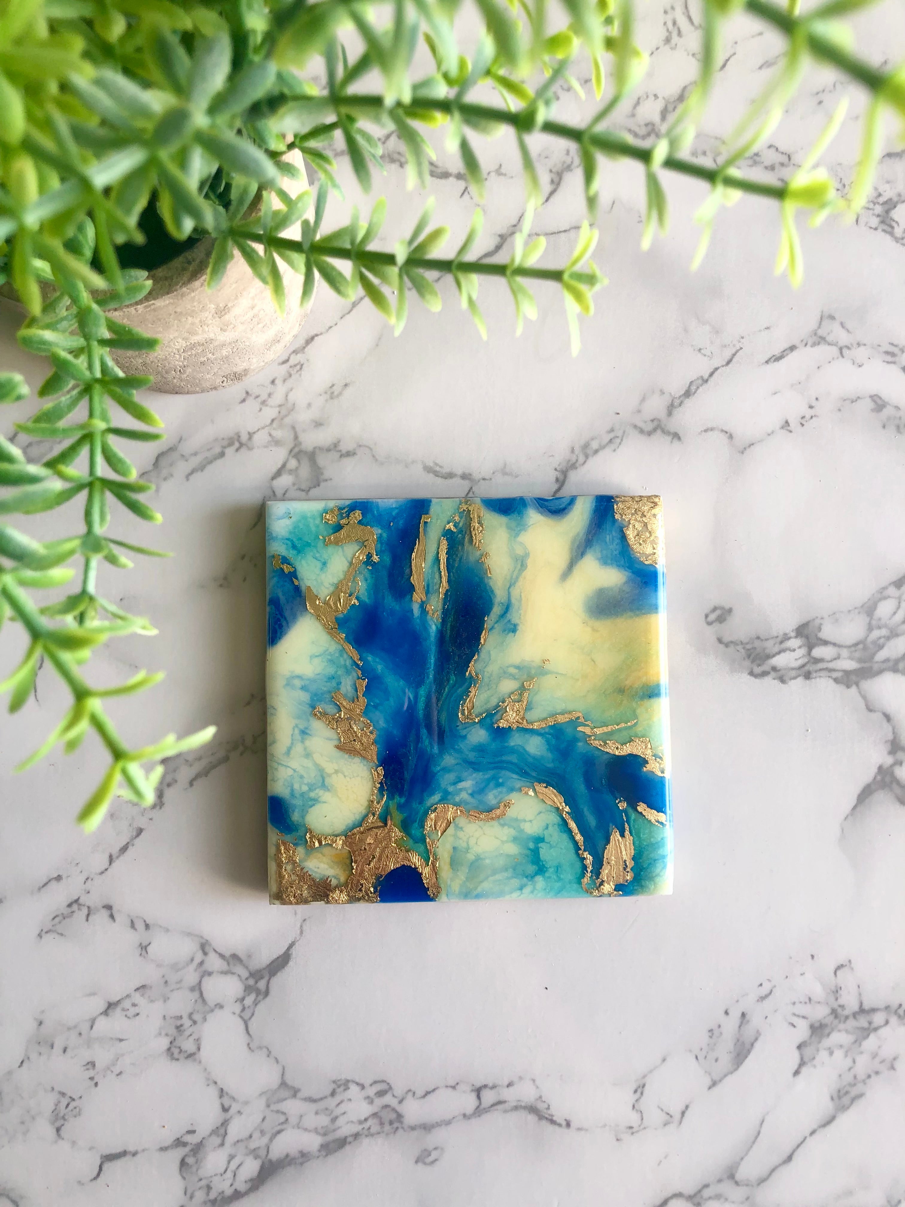 Resin Blue and Gold Coasters Unique Handmade Luxury Art Kitchen Decor