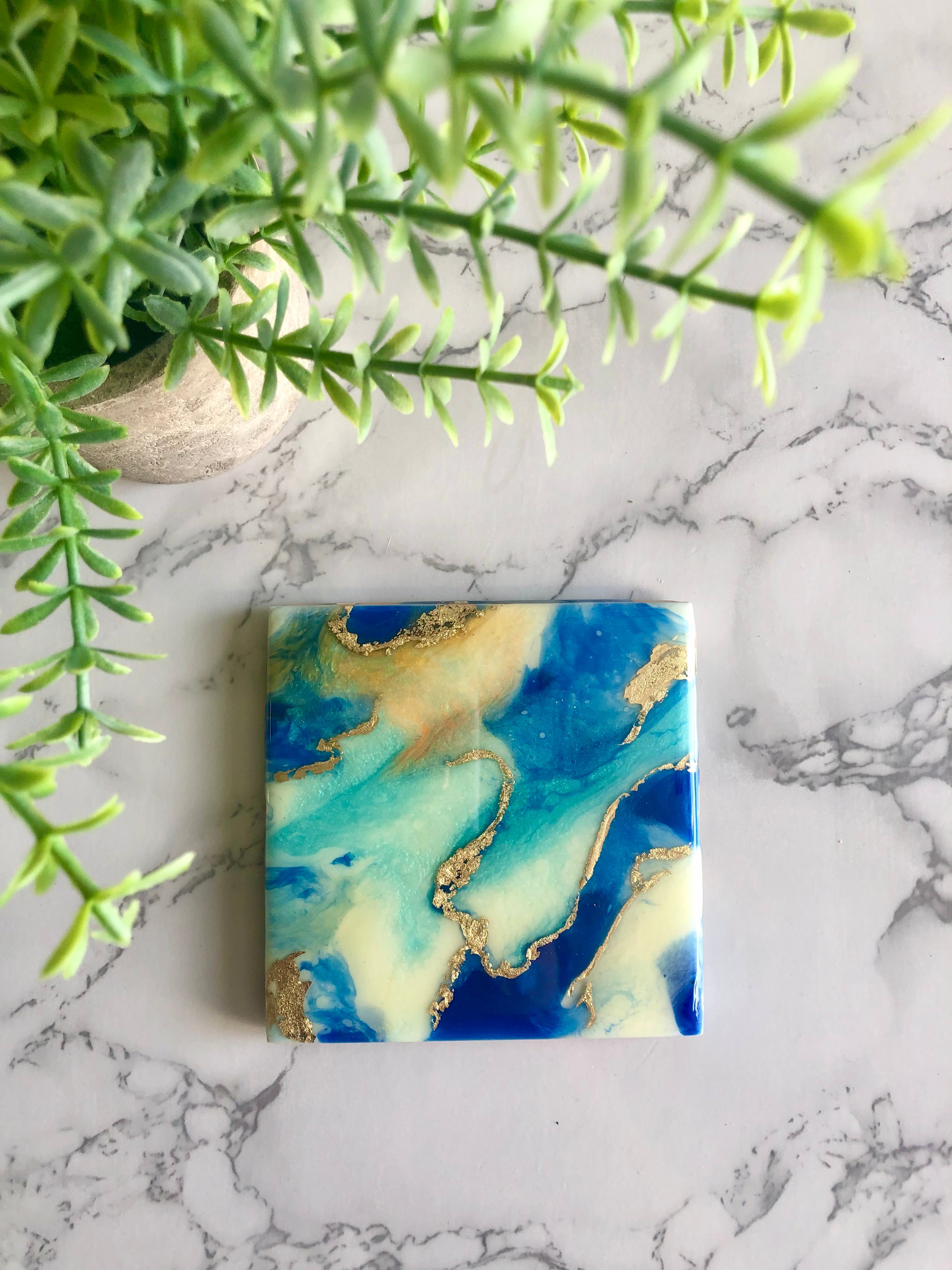 Resin Blue and Gold Coasters Unique Handmade Luxury Art Kitchen Decor