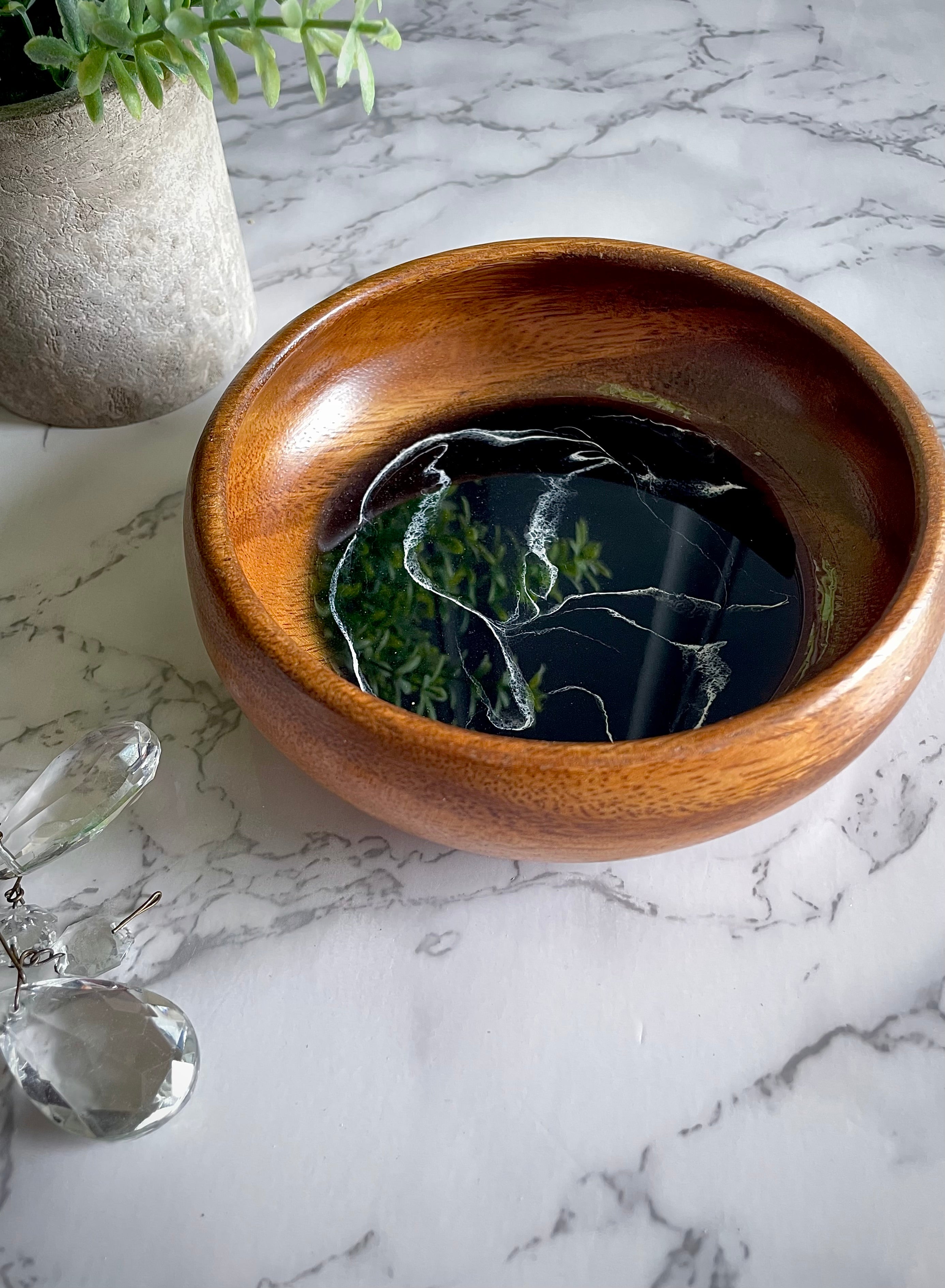 Black Marble Resin Design handmade Unique Jewelry Ring Key Dish Trinket Wood Bowl